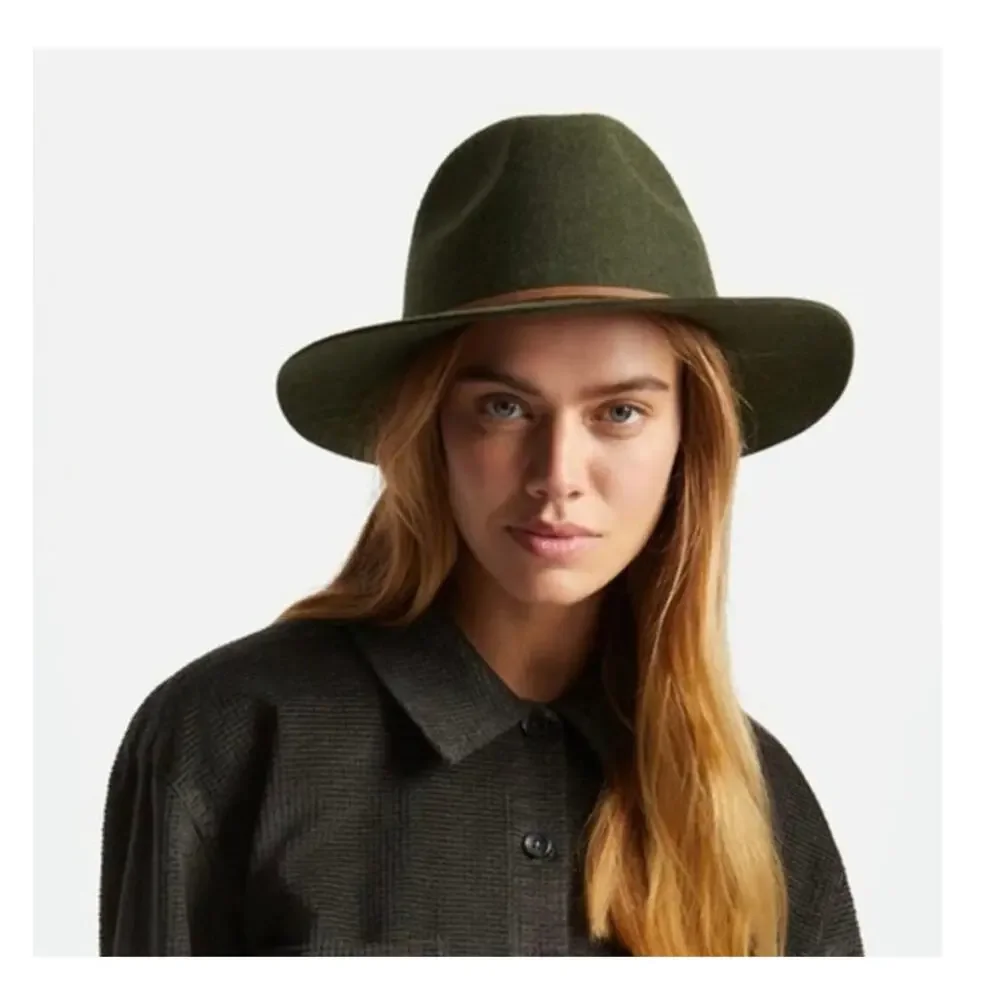 BRIXTON Wool Fedora Hat Leather Band 00212 M 7 1/4 (58 cm) -- Moss Green Western